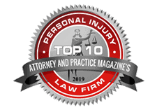 Badge representing "Top 10 Personal Injury Attorney and Practice Magazine's Law Firm 2019"